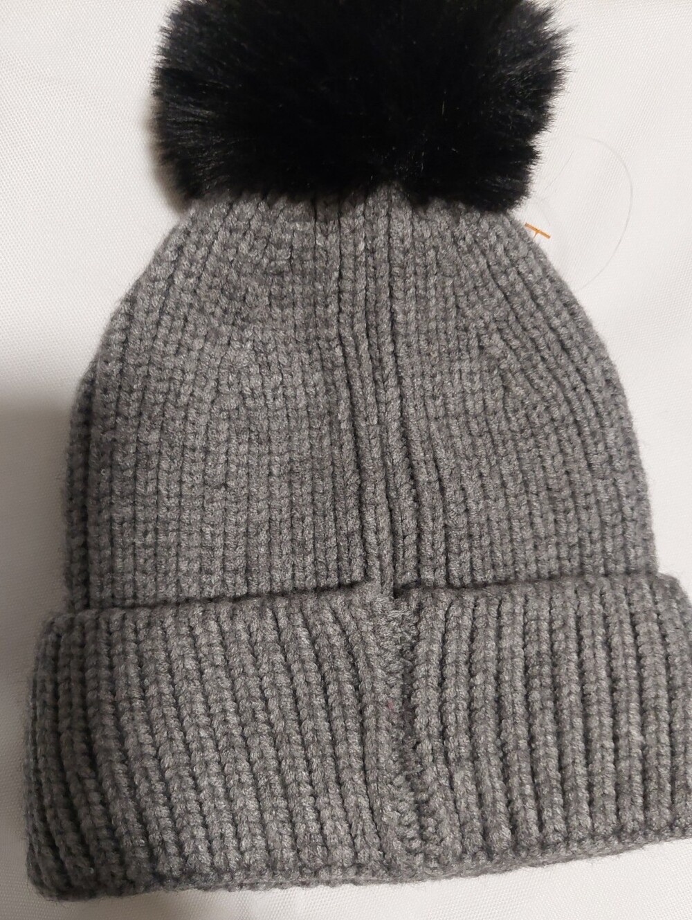 Gray Ribbed Knit Beanie with Black Faux Fur Pom - Picture 2 of 3